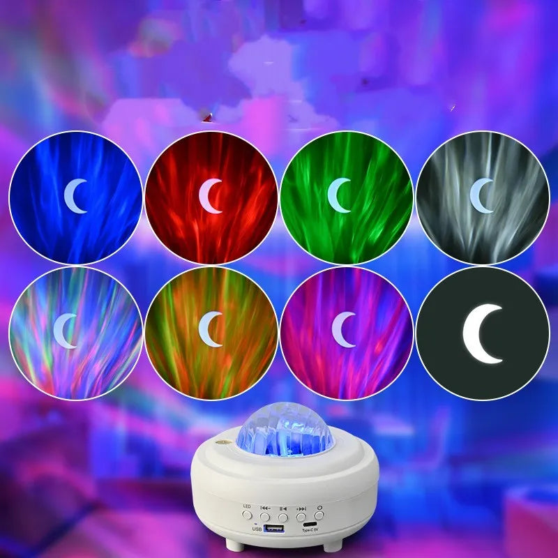 White and black rechargeable galaxy star projector night light with Bluetooth speaker on a table.