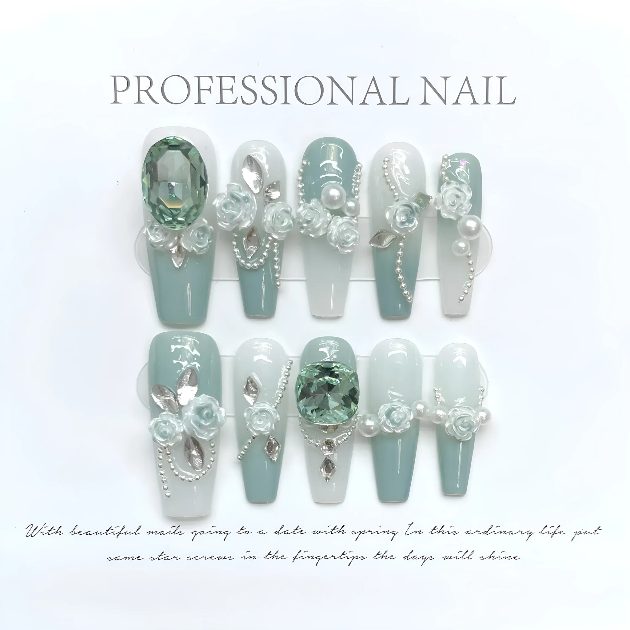 Green plastic nail armour suit with diamond accents and a gradient camellia chain decoration.