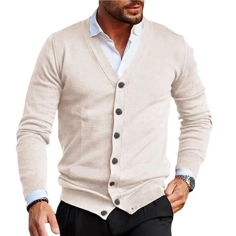 Men's slim fit acrylic cardigan sweater in dark grey, shown as a casual autumn winter layer.