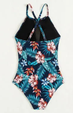 Women's deep V-neck one-piece swimsuit in solid or gradient colour.
