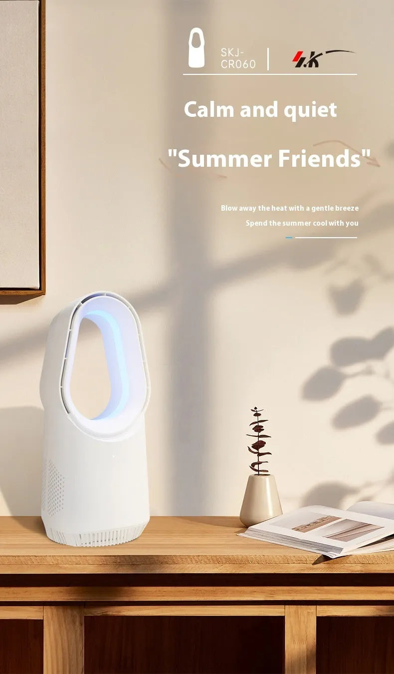 White bladeless tower fan with touch screen controls and remote control