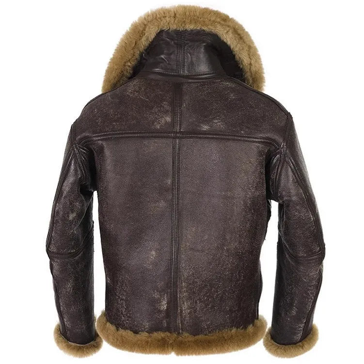 Men's brown Western antique style synthetic leather fur coat with side pockets and straight hem