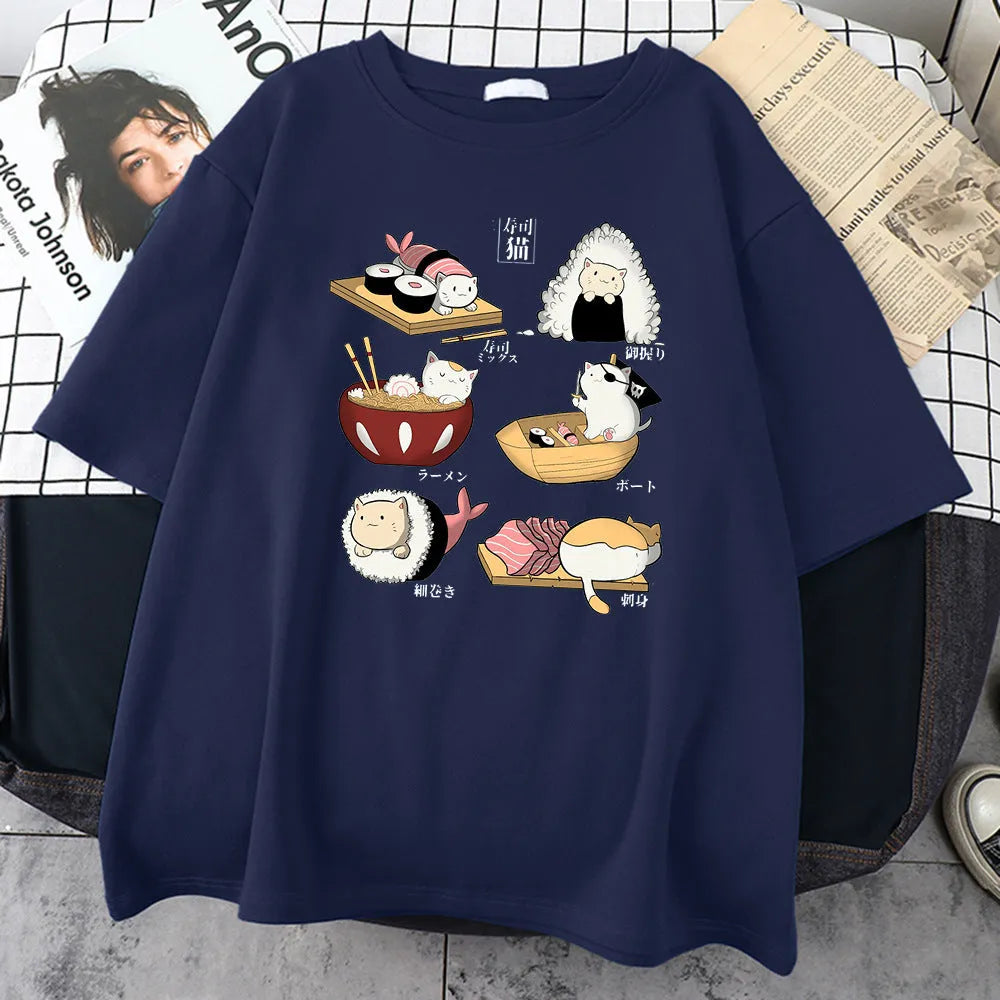 Men's black cotton t-shirt with a cute cartoon print of cats designed as sushi rolls.