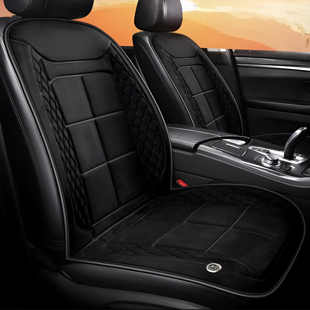 Car seat heating cushion with auto warming function in beige colour on vehicle seat