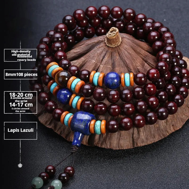 Men's rosewood bracelet with 108 beads showing lapis lazuli stone design option