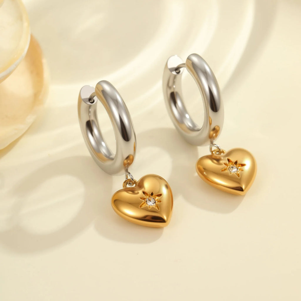 Women's stainless steel earrings with electroplated 18K finish in Christmas tree and heart shapes
