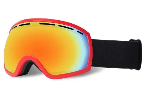 Large spherical ski goggles with black frame and REVO blue lens for night skiing