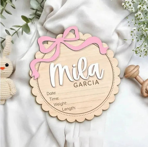 Square wooden baby room ornament customised with a name in two size options