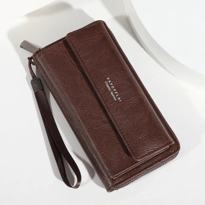 Men's black PU leather long wallet showing multiple card slots and measuring 19x10.5x4 cm