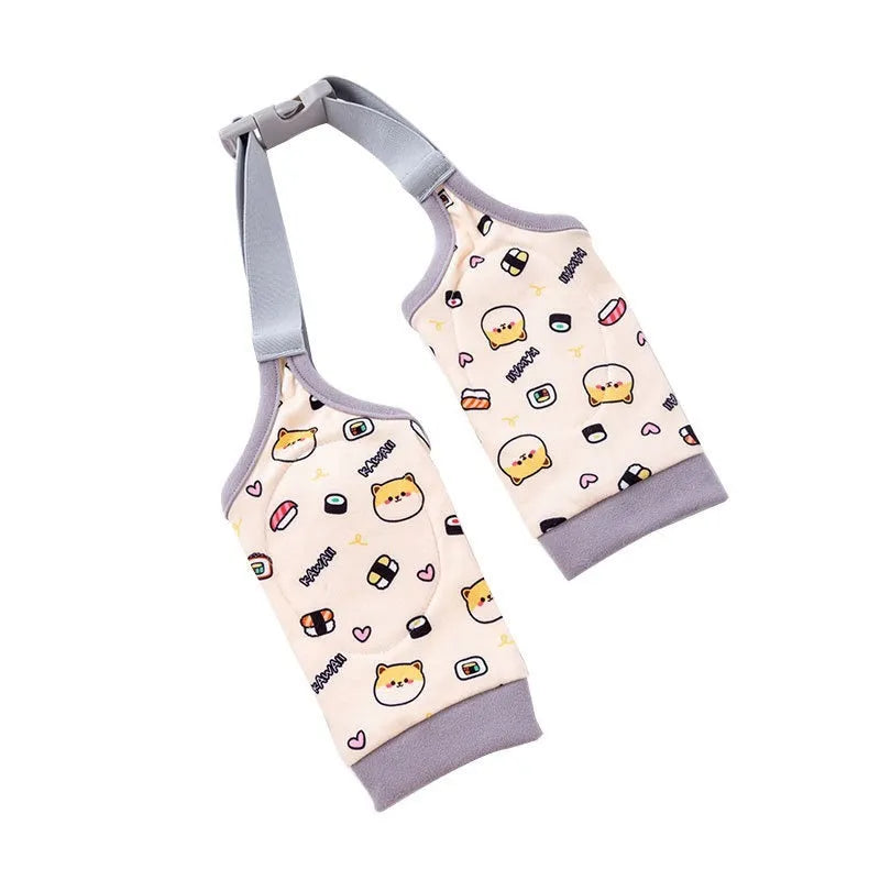 Blue dog knee protector with adjustable straps and matching scarf on medium-sized dog