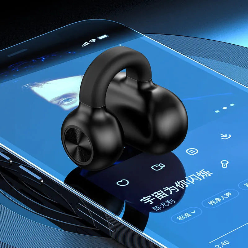 Wireless clip-on bone conduction Bluetooth headset in black OPP bag with charging cable.