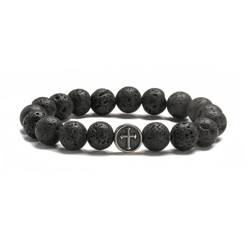 Volcanic rock agate bracelet in stainless steel with geometric design and 10mm stones