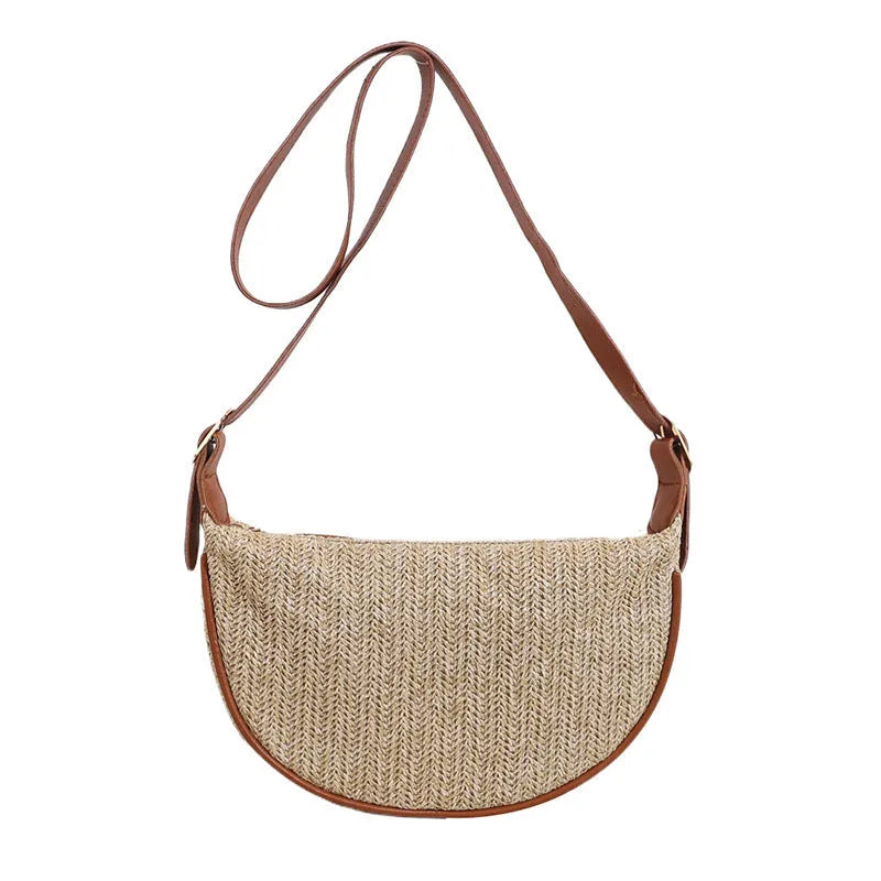 Women's straw woven crossbody bag with internal phone and file organisers in corrugated brown