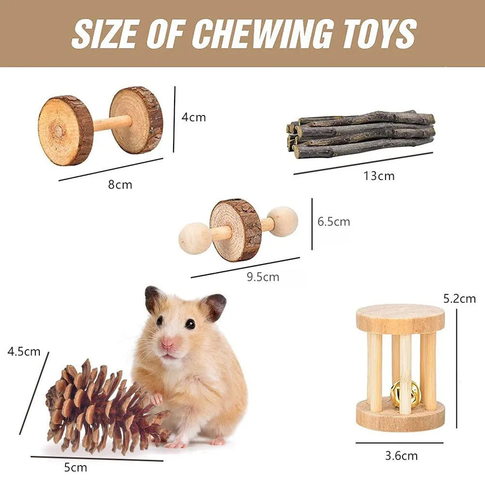 Natural wooden chewing toy set for small animals including straw mats, woven balls and plant-based components