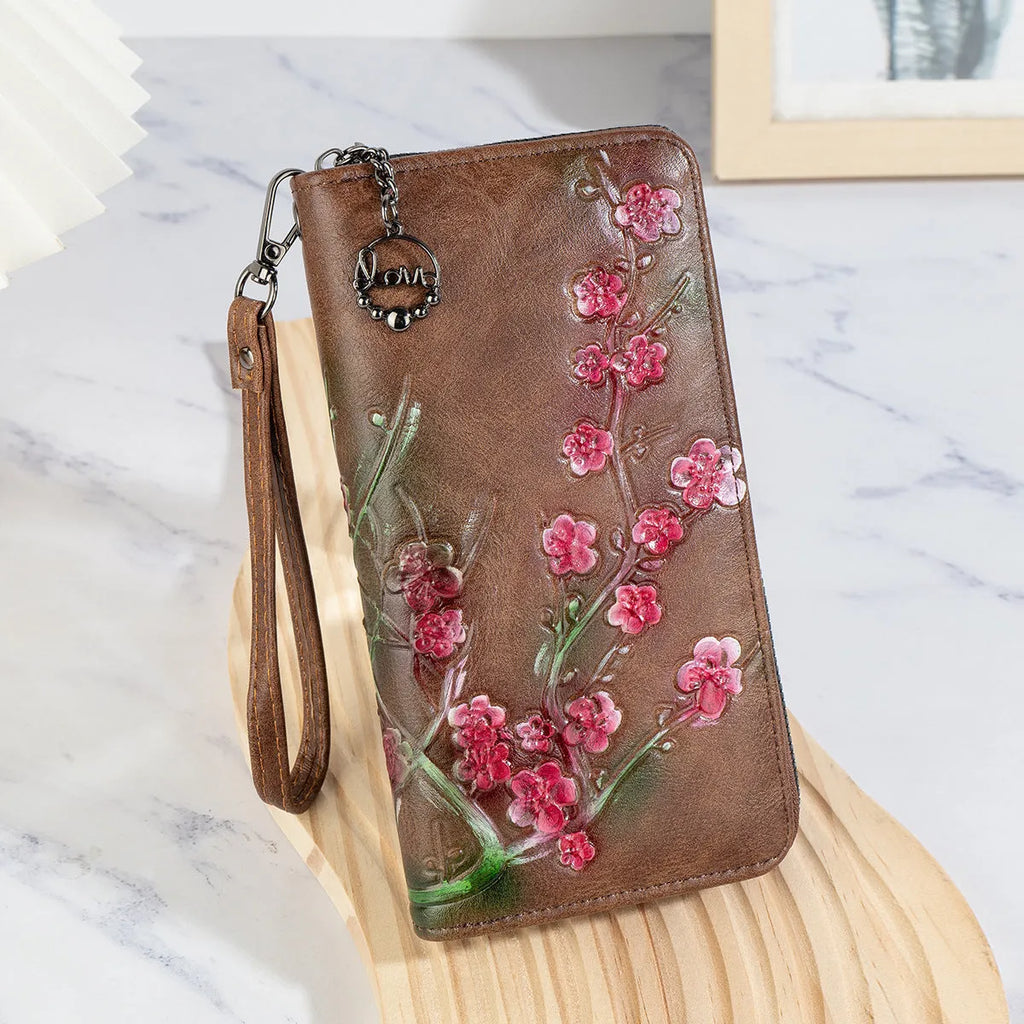 Embossed hand-painted Chinese style floral pattern zipper handbag in PU leather