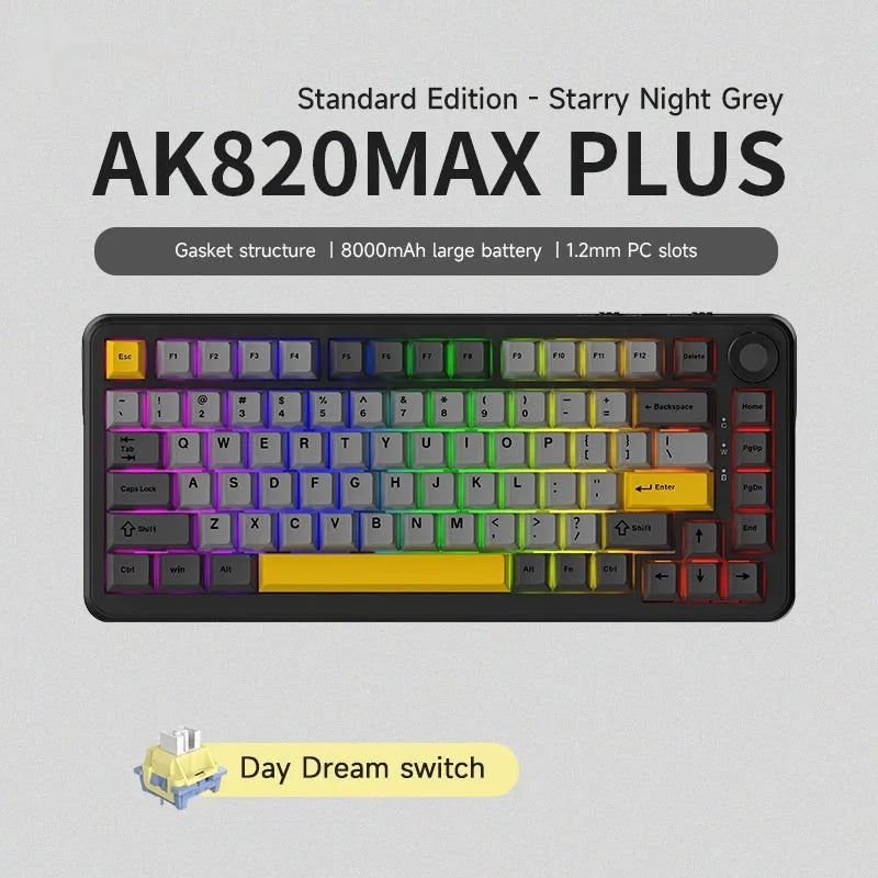 Three-mode wireless mechanical keyboard with hot-swappable switches in black, grey, and yellow colour options