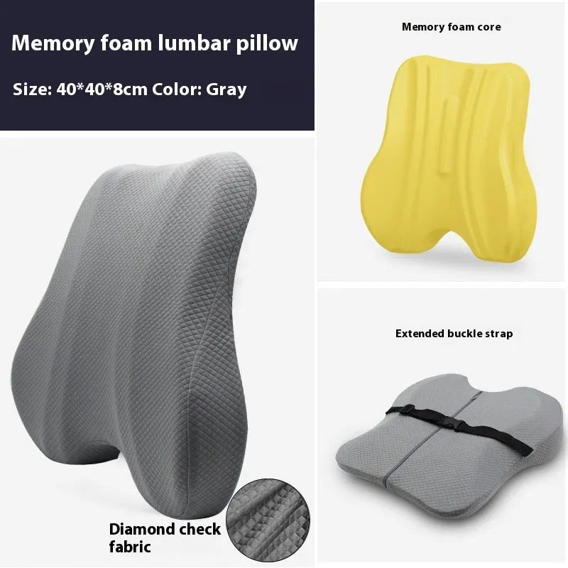 Office chair lumbar support pillow in grey colour showing contour design for lower back comfort