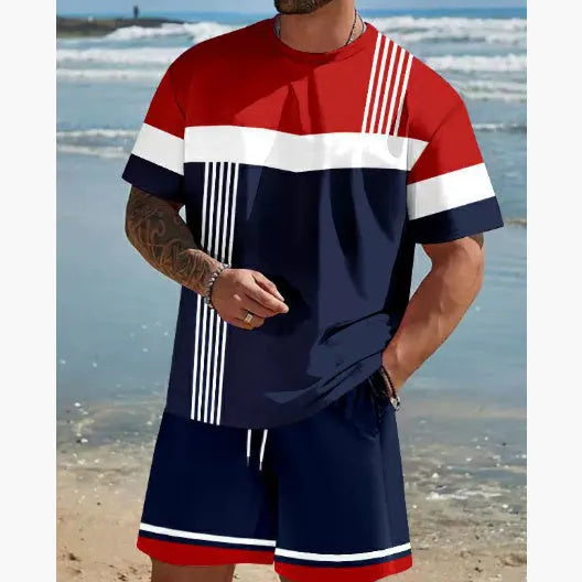 Man wearing a loose fit short sleeve t-shirt and shorts set in a solid colour for summer.
