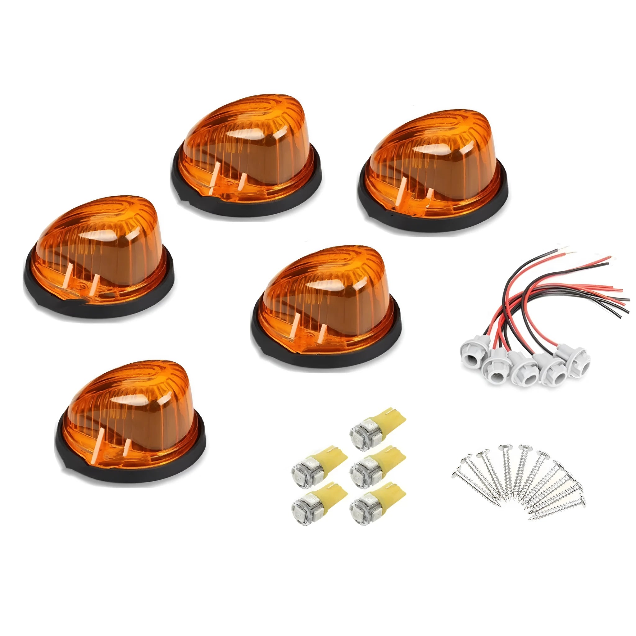 Five-pack of 12V LED roof cab marker lights with yellow, clear, and smoked black polycarbonate lenses.