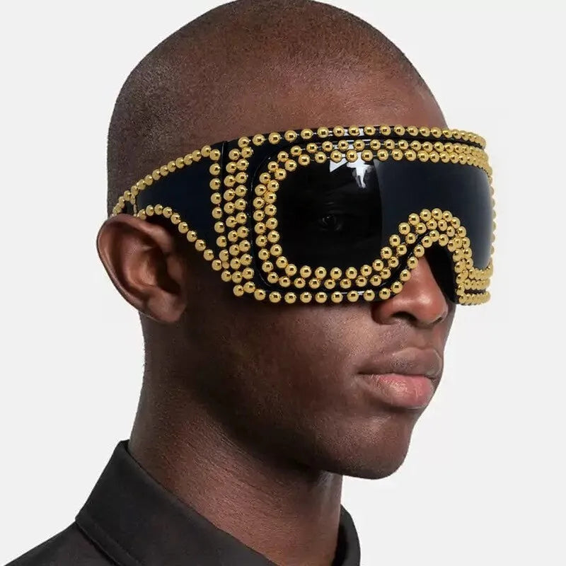 Men's punk sunglasses with large square rim and rivet detailing in silver colour