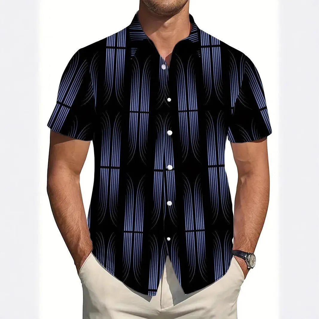 Men's slim fit short sleeve shirt with geometric line printing on lapel in polyester fabric