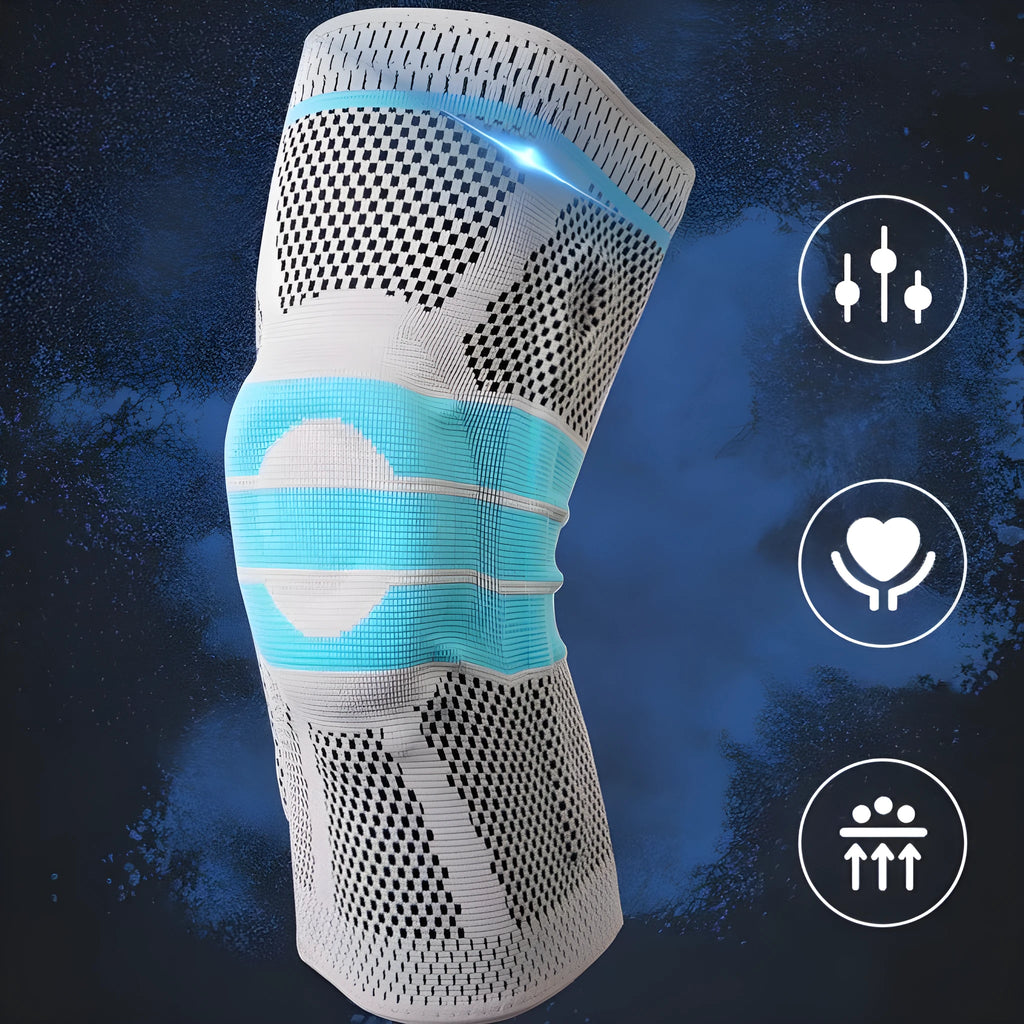 Sky blue elastic fibre knee pad for sports support, shown in size selection S, M, L, XL.