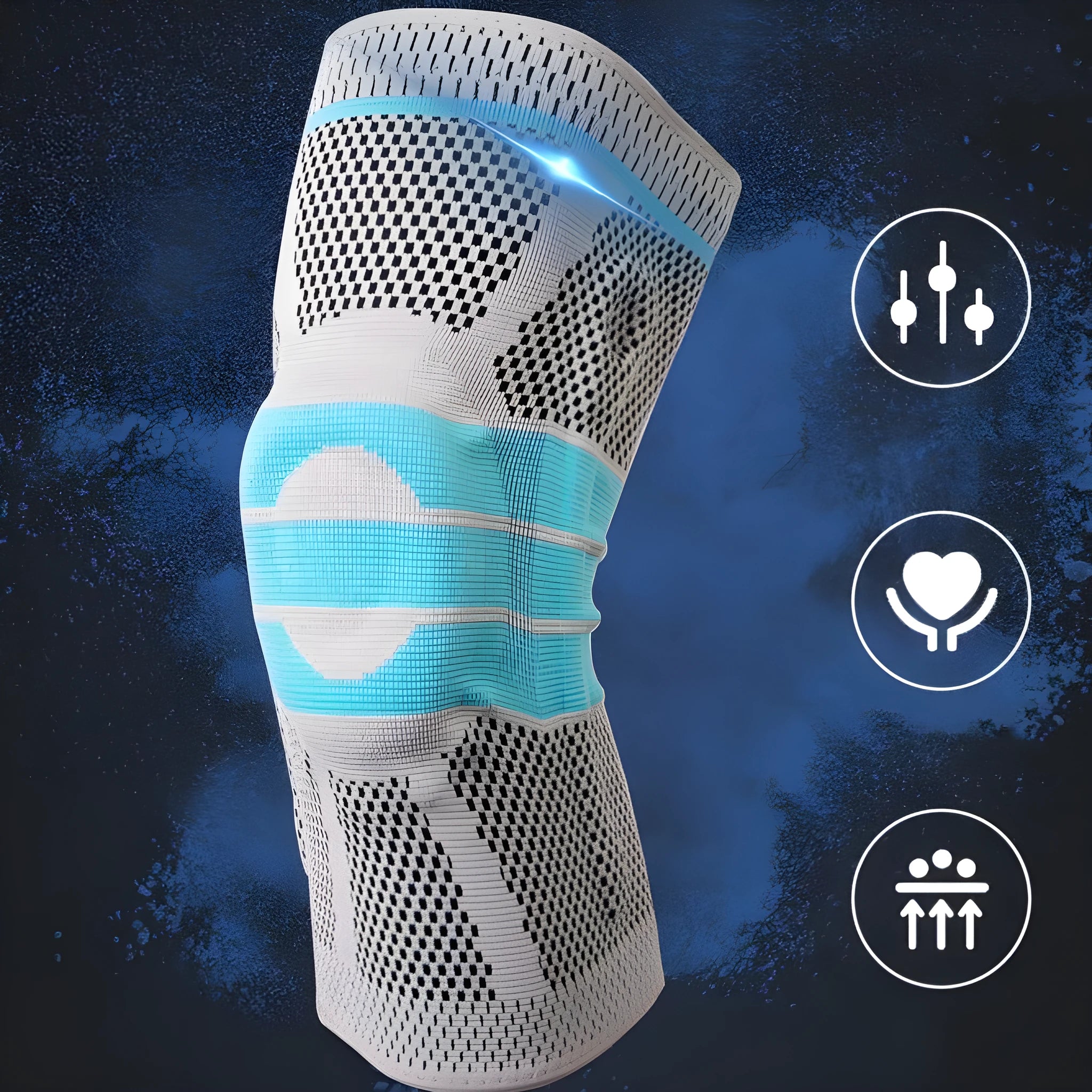 Sky blue elastic fibre knee pad for sports support, shown in size selection S, M, L, XL.