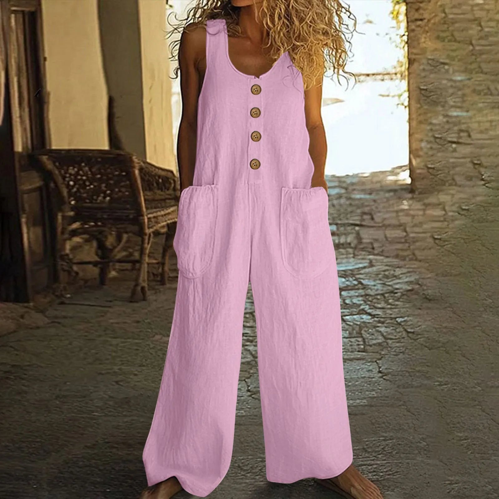 Sleeveless wide leg cotton jumpsuit in army green with pockets and loose fit