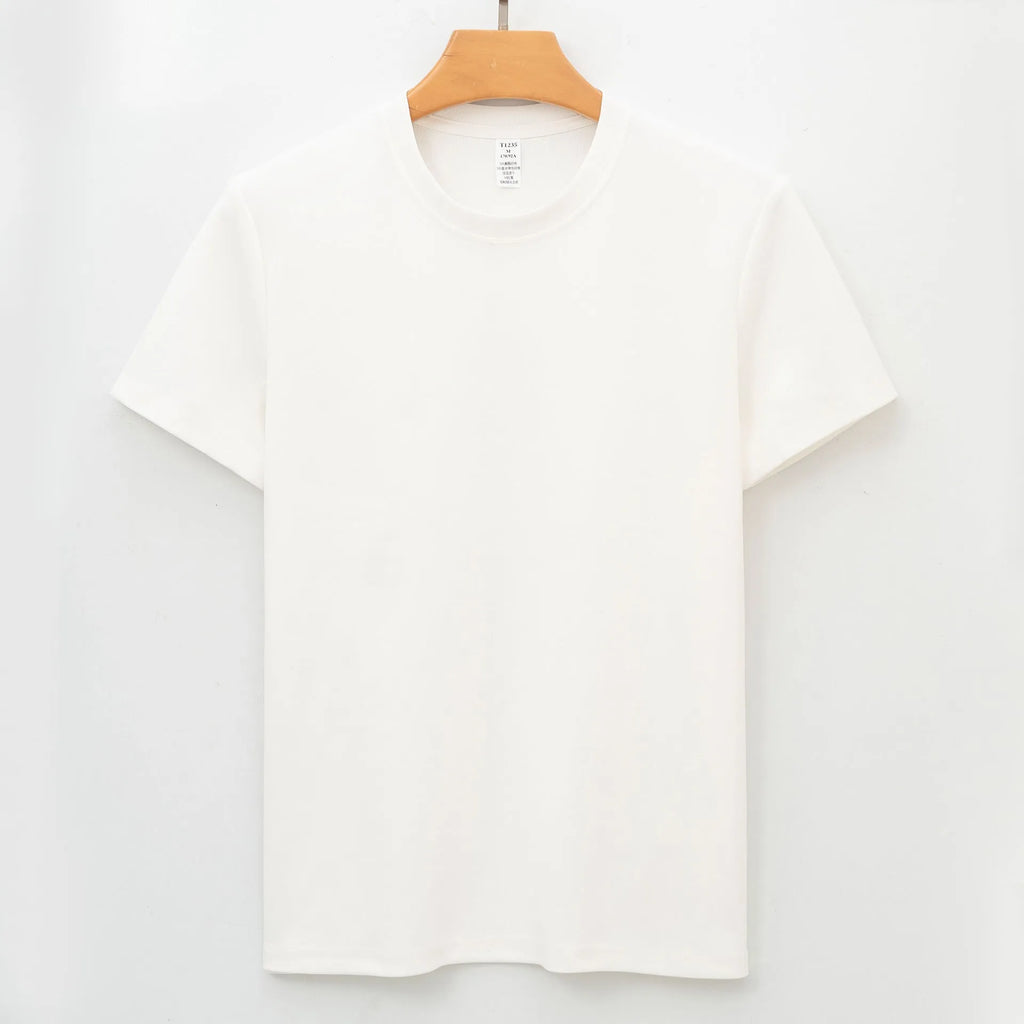 Men's beige short-sleeve antibacterial quick-dry T-shirt laid flat.