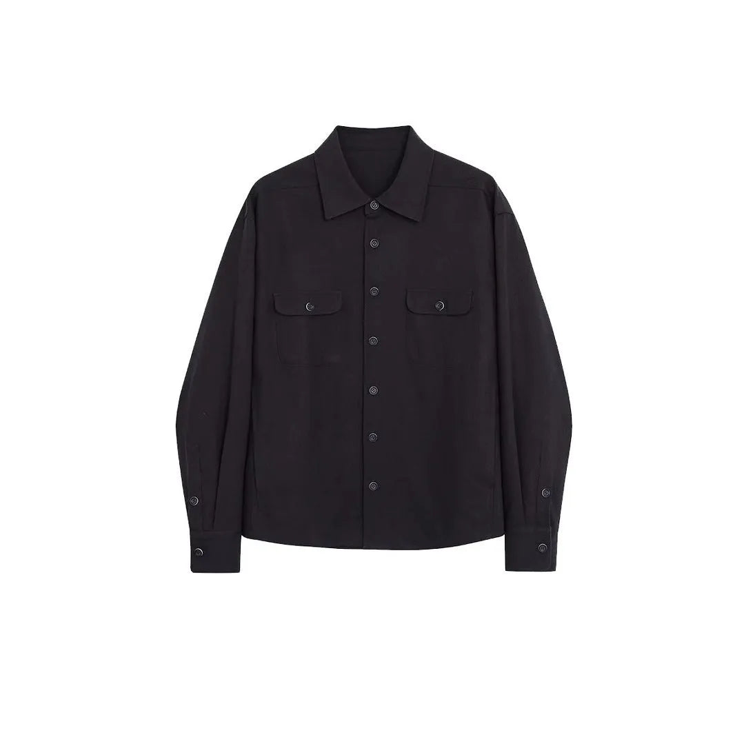 Men's light sand rice casual lapel collar long sleeve shirt on a hanger.