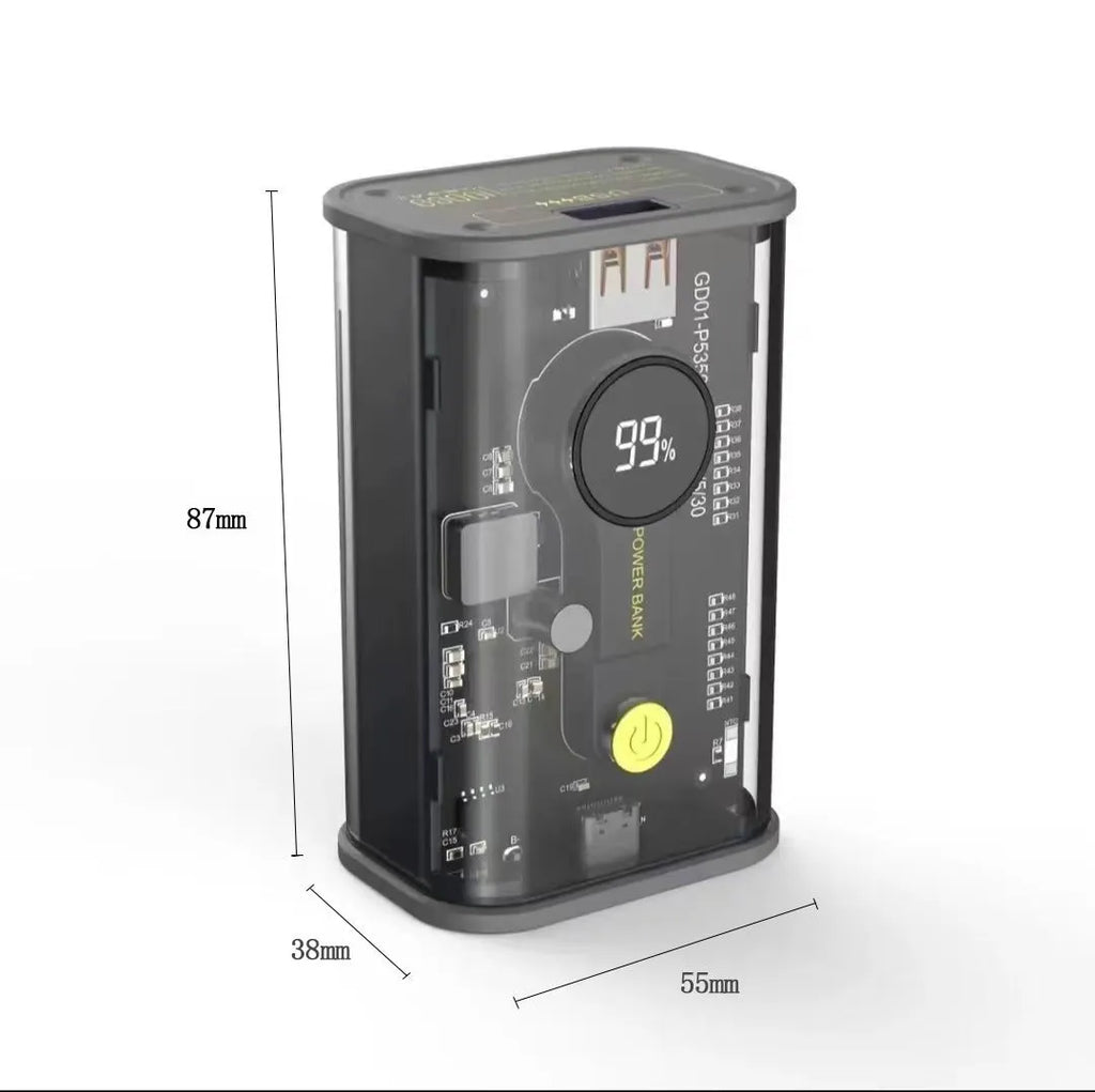 Transparent cylindrical aluminium power bank with 10000mAh capacity in black or yellow
