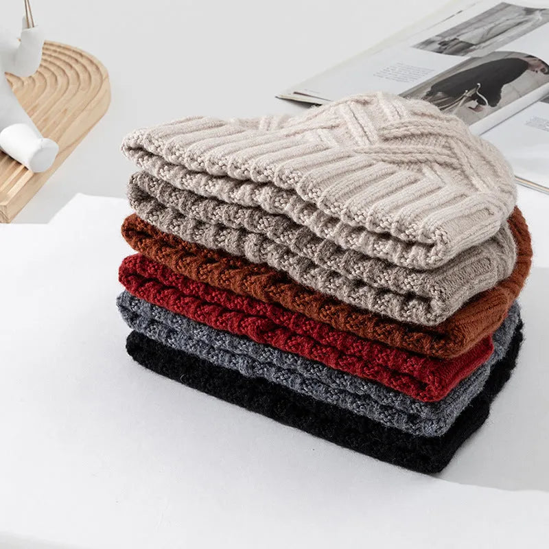 Women's wool knitted winter hat with dome crown in six colour options including red, grey, brown, white, khaki, and black