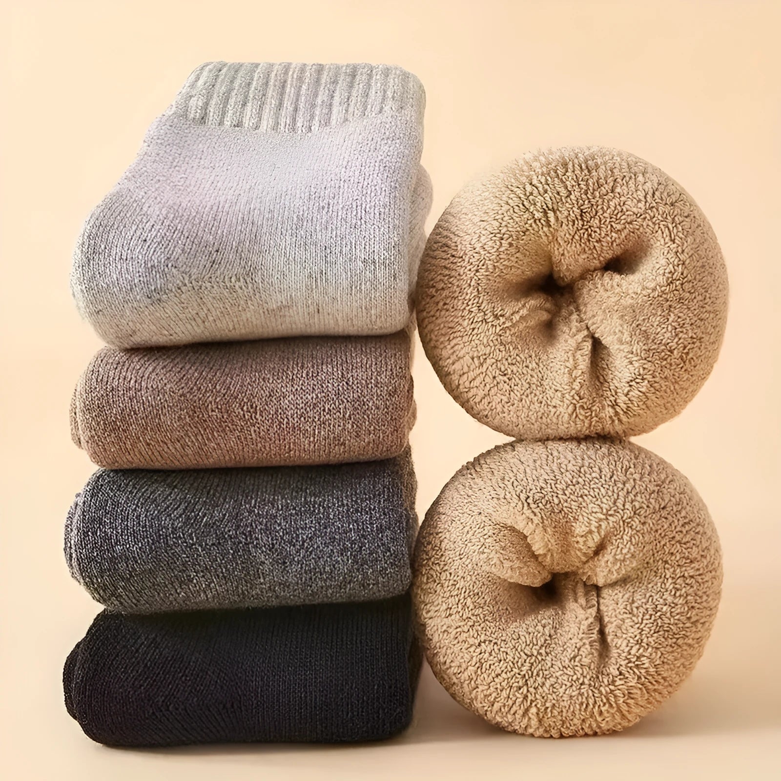 Pair of thick cotton winter socks in a solid colour, presented in a box.