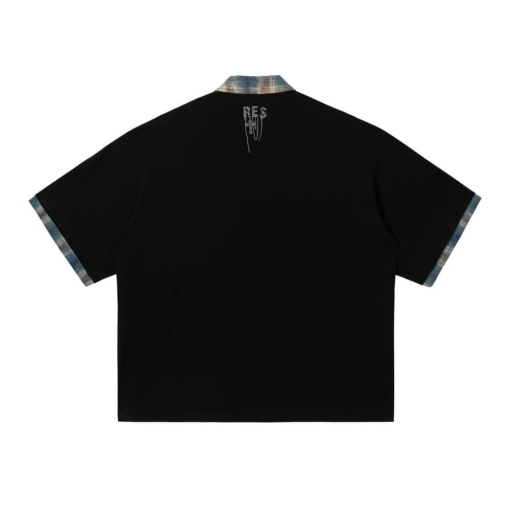 Men's loose fit cotton short sleeve top with asymmetric cut and graffiti print in blue or red