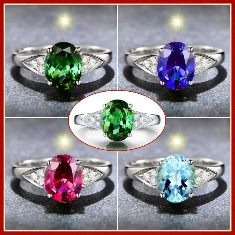 Women's silver ring with natural zircon stone in heart, water drop, or bell design in blue, green, light blue, or red