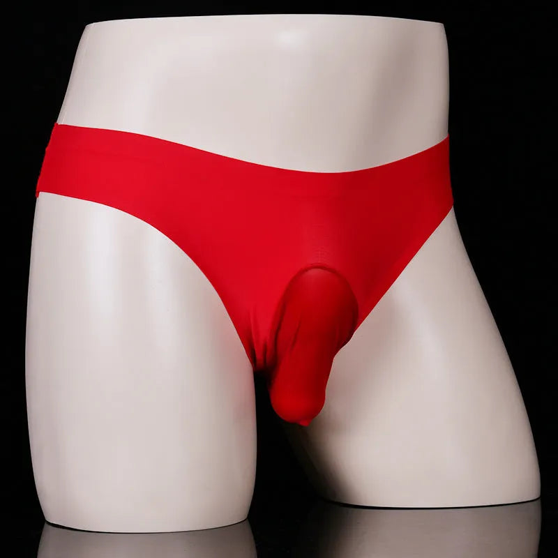 Men's ice silk briefs in black showing open gun style with low-waist design