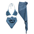 Women's 3D flower decoration halter lace-up bikini in split suit colour, polyester fabric, front view