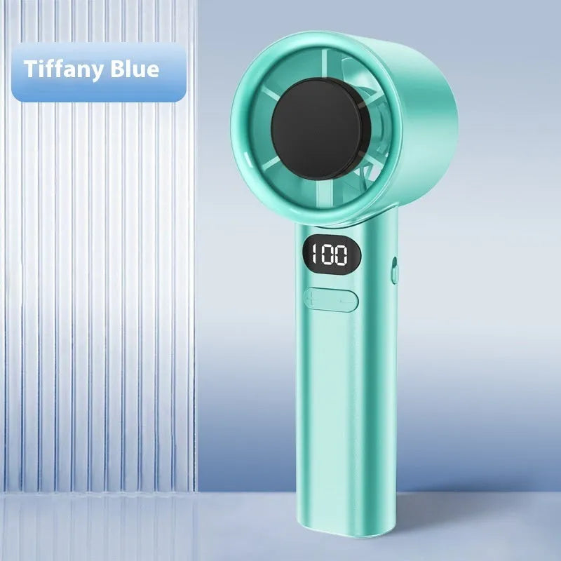 USB-powered handheld fan with variable speed control in green, silver, khaki, or white colour.