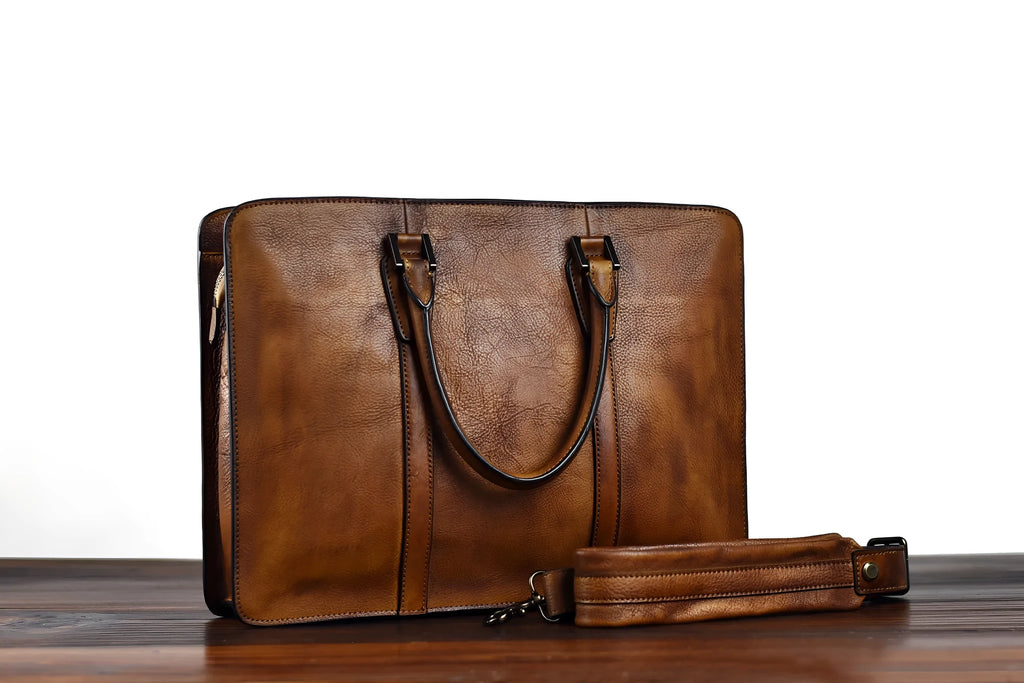 Men's 14-inch horizontal leather business handbag in khaki or black with zipper opening