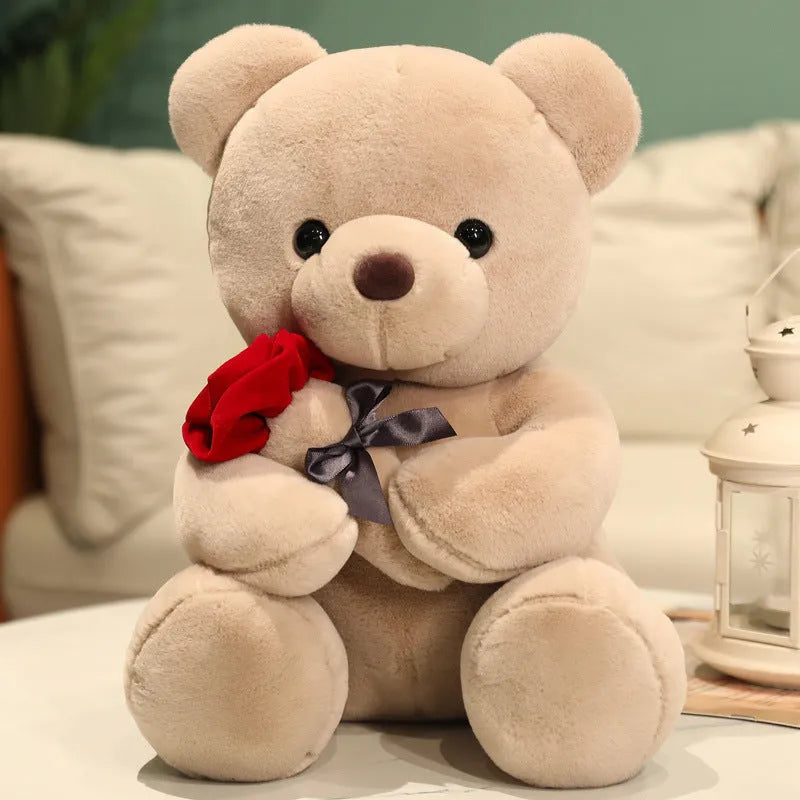 Rose bear plush teddy doll in beige, brown, or grey with soft short plush fabric