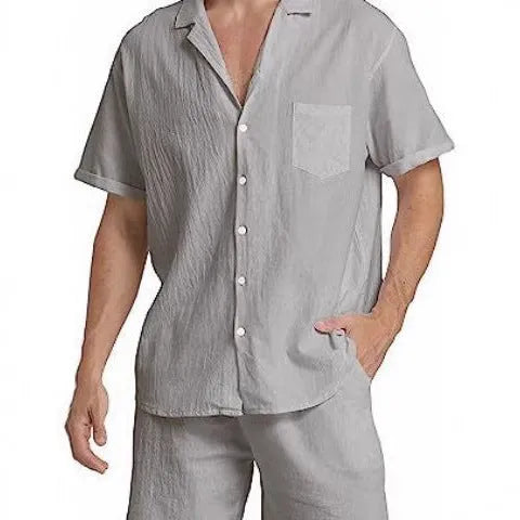 Men's flax short-sleeved top and shorts set for summer sports in army green.