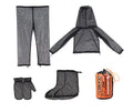 Solid colour mesh anti-mosquito suit for outdoor camping and fishing, shown with hood, pants, and booties.