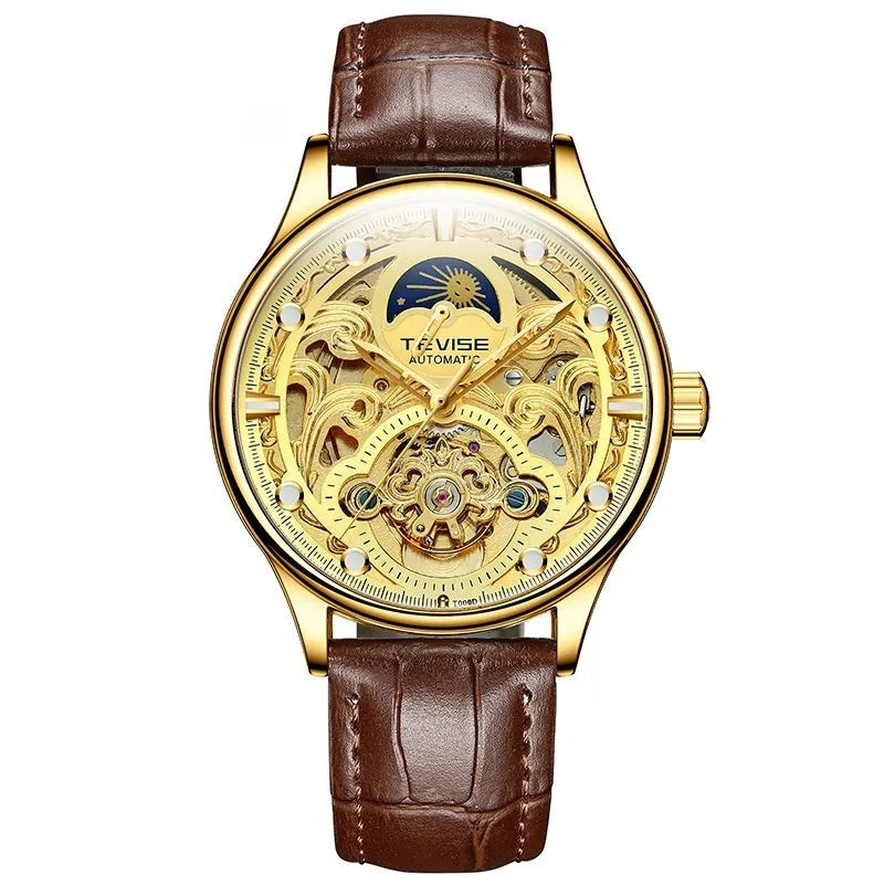 Gold and white leather strap automatic waterproof men's business watch
