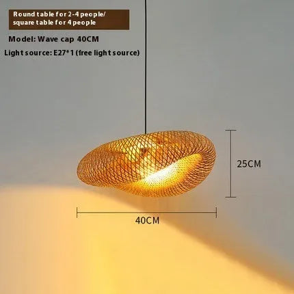 Bamboo straw hat-shaped hanging pendant lamp with woven construction in three diameter sizes