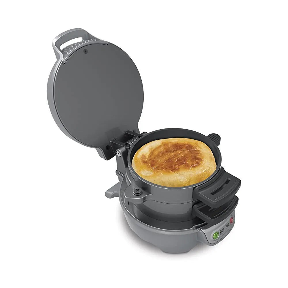 Bright red breakfast machine with sandwich maker, egg cooker ring and waffle maker functions