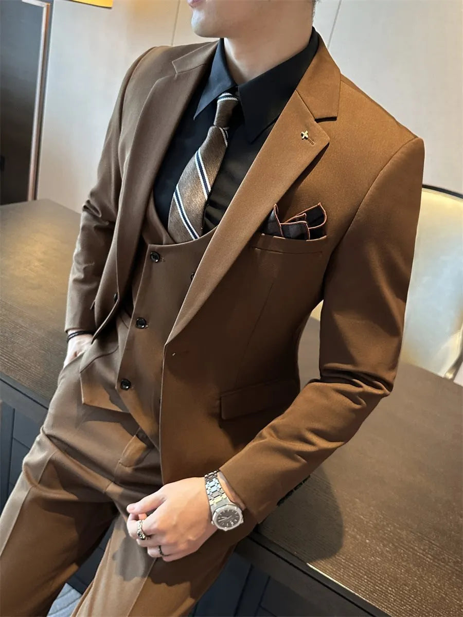 Men's slim-fit business trousers in camel, brown, and dark green viscose blend fabric