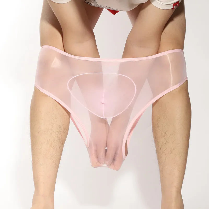 Ultra-thin silky nylon men's briefs with bullet separation design in multiple colour options.