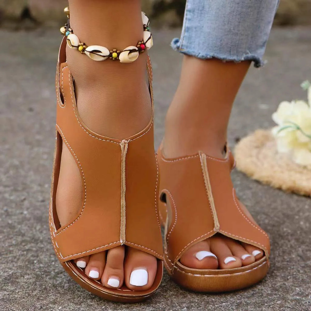 New summer wedges sandals for women with elastic band, fish mouth toe, recycled leather upper, polyurethane sole