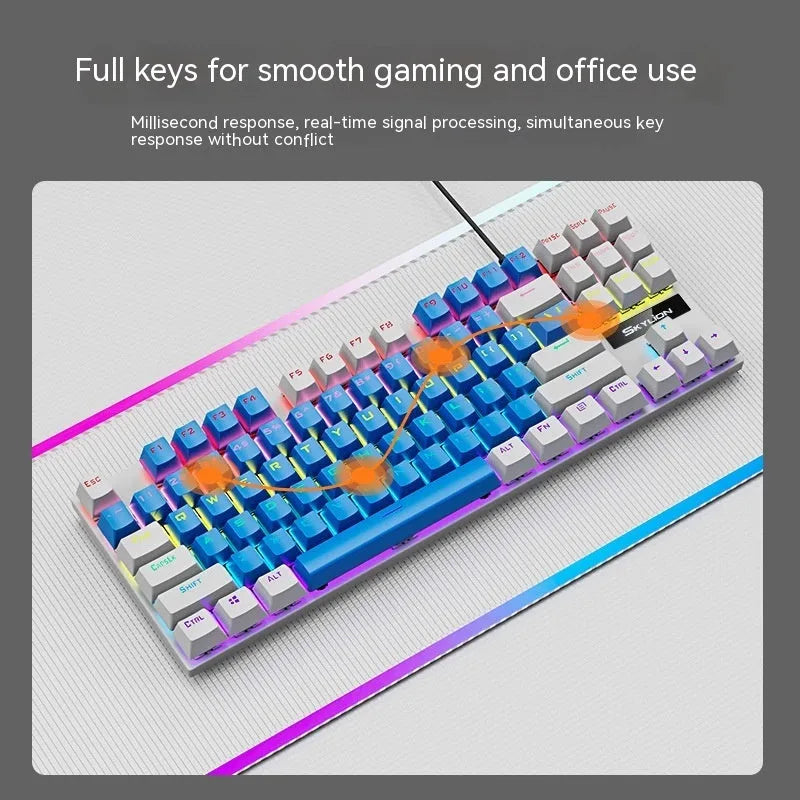 K87 mechanical wired keyboard with metal frame shown in blue white colour with green mechanical switches.