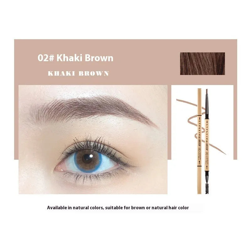 Gold ultra-fine eyebrow pencil shown in five shades: light brown, kaki brown, dark brown, grey black, and black